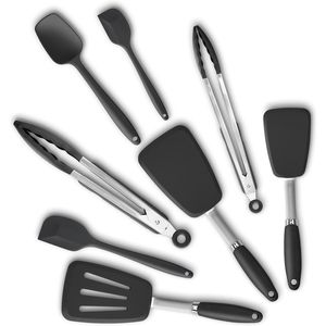 Ensemble d'ustensiles de cuisine en silicone résistant à la chaleur : spatules, louches, pinces et racloir de cuisine pour la pâtisserie et le mélange - Product Image 1