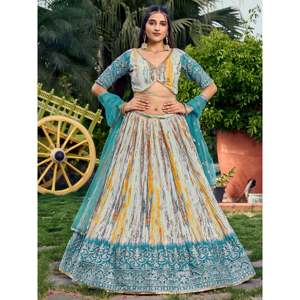 Joli blanc et bleu imprimé numérique Chinon Sangeet Wear Lehenga Choli - Product Image 2