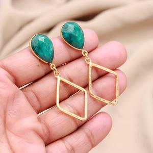 Dyed Emerald Pear Faceted Gemstone 18K <b>Gold</b> Vermeil Trendy <b>Dangle</b> <b>Earrings</b> for Wedding Party & Gift - Product Image 1