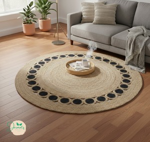 Tapis rond en jute Jermatz à prix avantageux, fait main, marron naturel, géométrique, bohème, pour salon, écologique, nettoyage facile - Product Image 1