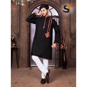 FANCY ALGODÓN BORDADO TRABAJO HOMBRE KURTA PIJAMA NEGRO - Product Image 1