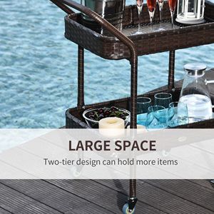 Carrello da Cucina per Esterni in Rattan Marrone con 2 Ripiani, Carrello di Servizio su Ruote - Product Image 6