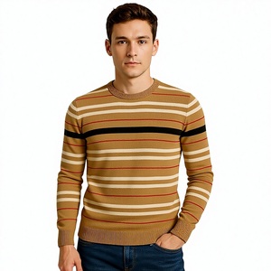 Pull décontracté rayé pour homme, col rond, coupe ajustée, rayures horizontales multicolores, tricot chaud pour l'automne et l'hiver - Product Image 1