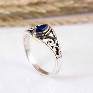Handmade <b>925</b> Sterling <b>Silver</b> Blue Sapphire Bezel Setting <b>Ring</b> <b>with</b> Oxidized Vintage Leaf Design Band for Party Occasions - Product Image 4