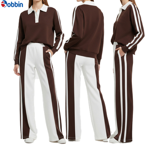 Conjunto Deportivo Bobbin para Mujer, Rayas Blancas y Marrones, Manga Larga, Corte Holgado, Informal, Superventas, Diseño Personalizado en Contraste, Ropa Deportiva de Otoño - Product Image 6