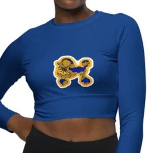 Women's <b>Blue</b> Poodle Long Sleeve <b>Crop</b> <b>Top</b> Custom Graphic Printed Cropped T Shirt Trendy Casual Fashion Slim Fit Sorority Inspired - Product Image 3