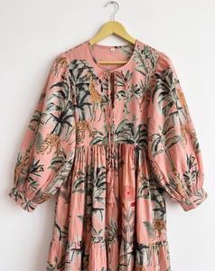 Tropical Print Maxi <b>Dress</b> With Puff Sleeves Loose Boho Style Summer Casual Wear Viscose Polyester Fabric O-Neck <b>Elastic</b> Waist - Product Image 3