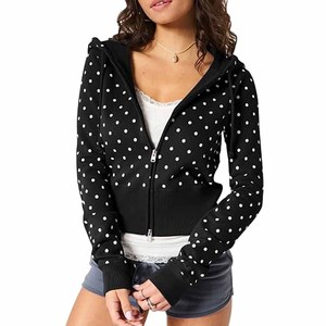 Sweat-shirt zippé à capuche pour femme, à pois, court, tricoté, manches longues, respirant, décontracté, printemps - Product Image 1
