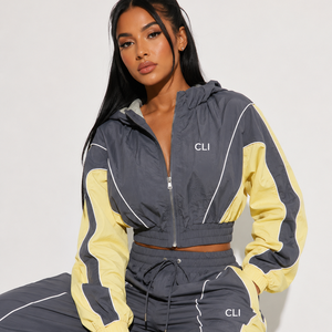 Women's Custom Color Block <b>Cropped</b> Jacket & Wide Leg <b>Pants</b> 2-Piece Set Reflective Piping Lightweight Nylon Windbreaker Tracksuit - Product Image 2