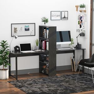 Durable 2-Person Extra Long Computer <b>Desk</b> with Bookshelf Black Home Office <b>Workstation</b> Combo Made Durable MDF School Furniture - Product Image 2