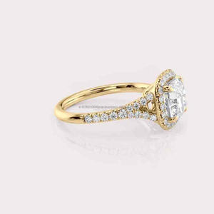 Cushion Cut Lab Grown <b>Diamond</b> Halo Engagement <b>Ring</b> in Yellow Gold Hidden Halo Pave Band Bridal Promise <b>Ring</b> for Women - Product Image 2
