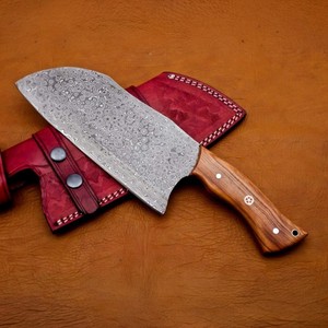Couteau à viande artisanal en acier Damas avec manche en bois d'olivier, couteau de boucher professionnel, couteau de cuisine pour hacher, OEM - Product Image 1