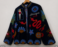 Chaqueta Bomber de Terciopelo Transpirable Tejida Ethnique 2014 con Patrones de Letras de Dibujos Animados Bordados, Manga Larga, Forro de Nailon para Mujer