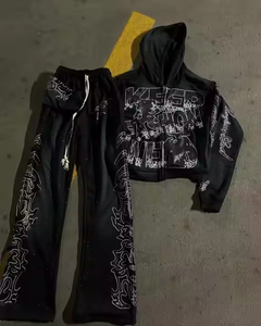 ชุดเซ็ตเสื้อฮู้ดดี้และกางเกงวอร์มขาบานปักลายปะติดแบบทำสีซีดสไตล์ OEM พร้อมประดับคริสตัล - Product Image 5