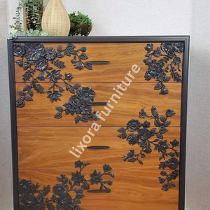 Luxury Handcrafted Solid Wood 4 Drawer Dresser Ornate Black Floral Vine Relief Carving Natural Finish - Product Image 4