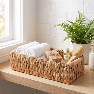 Handwoven Eco-Friendly Water Hyacinth <b>Storage</b> <b>Basket</b> Organizer <b>with</b> Scallop Edge for <b>Shelf</b> Home Nursery Room Decoration - Product Image 3