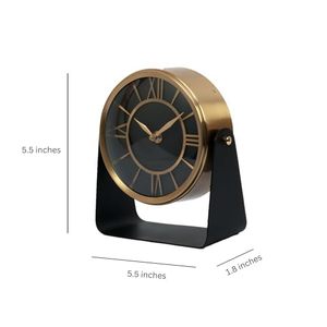 Horloge de bureau circulaire moderne, finition dorée, cadran noir, chiffres romains, mouvement à quartz, fonctionnement sur piles, métal, Luminova, fonction snooze - Product Image 5