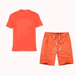 Conjunto de Camiseta y Pantalones Cortos Casuales de Verano para Hombre, Color Naranja, Cuello Redondo, Tejido de Punto, Color Sólido, 100% Algodón, Talla Grande, Holgado y Cómodo - Product Image 1
