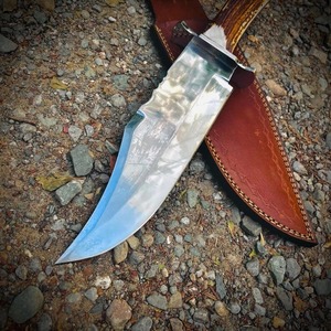 Cuchillo Bowie con Hoja de Punta Caída, Acero al Carbono, Mango de Asta de Ciervo, Funda de Cuero, Uso en Exteriores, OEM - Product Image 2