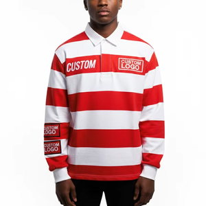 Vente en gros de chemises de rugby vintage à rayures rouges pour hommes, broderie personnalisée, coton lourd, streetwear, sweats à capuche et sweat-shirts pour hommes, fabrication - Product Image 1