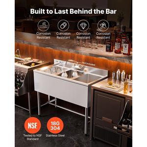 Lavello Commerciale in Acciaio Inossidabile 304 Calibro 18, Dimensioni Vasca 25x35x25 cm, 3 Scomparti, per Cucina Commerciale/Bar, Fabbricazione in Acciaio - Product Image 2