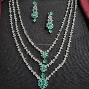 Tripel Layer Designs American Diamond Silver Plated Long Studded Necklace With Matching Flower Earring <b>Jewellery</b> <b>Set</b> for <b>Women</b> - Product Image 1