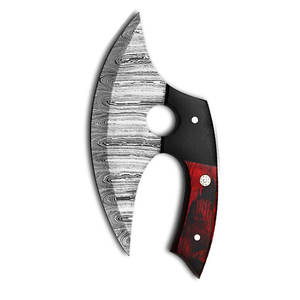 Custom Handmade Damascus Steel Pizza Cutter Wheel Ulu Knife With Red & Black Handle Kitchen Axe with Genuine Leather Sheath - Product Image 5