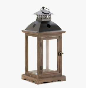 Lanterne à bougie en bois vintage avec support décoratif en métal et panneaux en verre, lampe hurricane rustique pour la décoration de la maison - Product Image 3