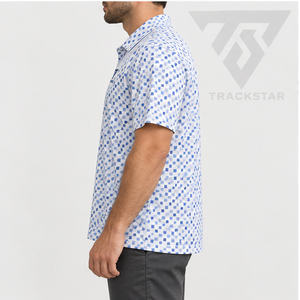 Trackstar Men's White <b>Blue</b> Geometric Square Print <b>Polo</b> <b>Shirt</b> Short Sleeve Button Collar Casual Golf <b>Shirt</b> Custom Logo - Product Image 2