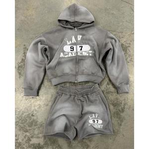 Unisex Spring Hoodie and Short Sets Custom Blank <b>Oversized</b> Acid Washed Shorts Set Men's Cotton Zip up Hoodie and <b>Jogger</b> Set Men - Product Image 3