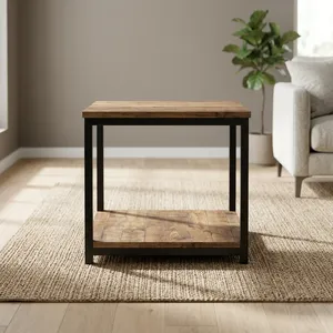 Mesa de Centro de Madera con Estructura de Hierro Negro y Estante Inferior de Almacenamiento, Mueble Rústico Industrial para Sala de Estar - Product Image 1