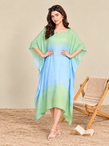 Robe Kaftan d'été pour femme en mousseline dégradée, col en V, manches chauve-souris, coupe ample, ligne A, paréo de plage - Product Image 3