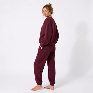 2026 New Design Women 2 Piece Maroon Cotton Crew Neck Sweatshirt Jogger Pants Casual Loose Solid Color Autumn Wear <b>Sweat</b> <b>Suit</b> - Product Image 3