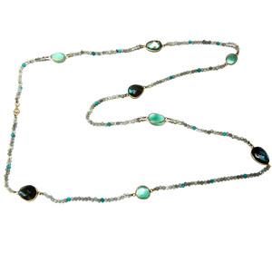 Natural Labradorite Larimar Sterling Silver Beaded <b>Statement</b> <b>Necklace</b> Gold Plated Bezel Multi Gemstone Layered Chain Long - Product Image 4