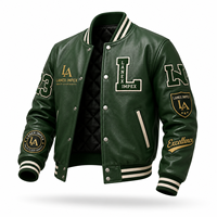 Blouson universitaire personnalisé vert d'hiver pour homme en cuir PU, style baseball, avec patch chenille brodé sur le devant, modèle bomber, OEM en gros
