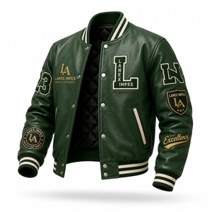 Custom Green Varsity Letterman Jacket Men PU Leather Baseball College Jacket Embroidered Chenille Patch Bomber Jacket OEM Bulk - Product Image 1