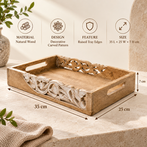 ถาดเสิร์ฟไม้ธรรมชาติแกะสลักด้วยมือ |   ถาดเสิร์ฟลายฉลุลายดอกไม้สำหรับตกแต่งโต๊ะอาหาร โต๊ะน้ำชา โต๊ะกาแฟ ของตกแต่งบ้าน - Product Image 5