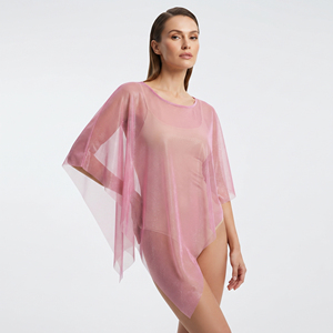 Women's Pink Asymmetric Swim <b>Cover</b> Up Scoop <b>Neck</b> 100% Polyester Sheer Mesh Beachwear Dress Breathable Sexy <b>Cover</b> Up - Product Image 3