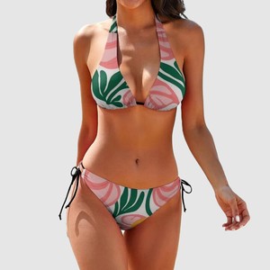Conjunto de Bikini Halter con Estampado de Plantas Tropicales para Mujer, Traje de Baño de Dos Piezas, Parte Inferior con Lazos Laterales, Elástico, Spandex, Poliéster, Ropa de Playa - Product Image 1