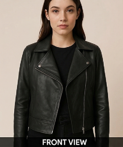 Women's Black Sheep Skin <b>Biker</b> <b>Jacket</b> Embroidered Back Design Slim Fit Asymmetrical Zipper Windproof ODM Winter Moto <b>Jacket</b> - Product Image 1