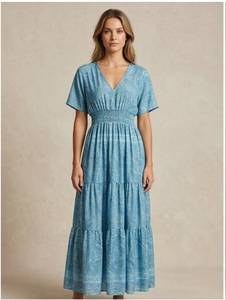 Vestido Maxi Azul con Estampado Paisley, Cuello en V, Cintura Elástica, Manga Corta, Corte Holgado Informal, Verano, Tela No Tejida, 100% Seda, Estilo Vintage - Product Image 3
