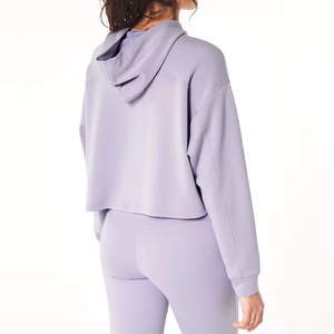 Women's Oversized Hooded Crop Sweatshirt Solid Color <b>Drop</b>-Shoulder Long Sleeve Knitted Spandex Cotton Autumn Wear - Product Image 3