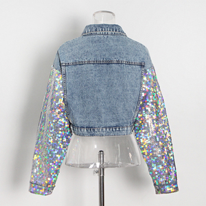 Wholesale Unisex Spring Autumn Winter Fashion Solid Printed <b>Quilted</b> <b>Single</b> Button Long Sleeves Short Cotton Denim Jacket Women's - Product Image 3