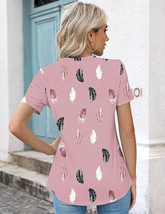 Blouses décontractées pour femmes à col rond et manches courtes, imprimé feuilles, logo frontal, écologiques, vêtements tendance 2026 - Product Image 4