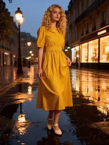 Robe midi en coton style bohème chic jaune moutarde avec manches courtes bouffantes et col classique, idéale pour l'été - Product Image 5