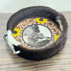 Handmade Western Tooled Leather Cowhide Serving Tray with Sunflower Floral Design and Metal Handles for Home Decor & Gifts - Product Image 2