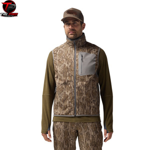 Men Outdoor Softshell <b>Utility</b> <b>Vest</b> High Neck Stand Collar Full Zip Grey Contrast Patch Chest Zipper Pocket Tree Bark Print <b>Vest</b> - Product Image 2