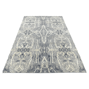 Alfombra de área de medallón transicional de lana y seda anudada a mano, azul helado y marfil, de pelo bajo, para dormitorio - Product Image 4