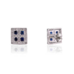 Handmade Solid 925 Sterling Silver Princess Cut Natural Blue Sapphire & Diamonds Accent Square Shape <b>Stud</b> <b>Earrings</b> - Product Image 5