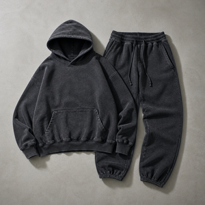 Unisex Washed Cotton Tracksuit Set Hoodie Pants Solid Color Loose Fit Casual Autumn Wear Full Sleeve Elastic Waist <b>Jogging</b> <b>Suit</b> - Product Image 1